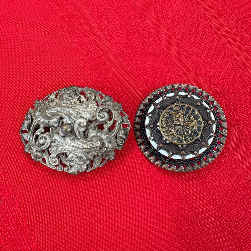 VTG Ornate Brooch Lot Silver Tone Repousse‎ & Mixed Metal Crane Filigree